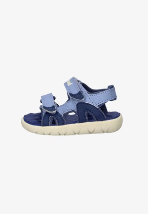 Sandalo blu e blu navy per bambini con cinturini in velcro regolabili e suola bianca strutturata.