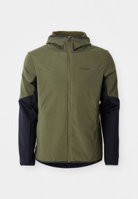 Veste à capuche vert olive avec des manches bleu marine, fermeture éclair à l'avant, doublure en polaire et logo subtil sur la poitrine. Tissu lisse et coupe ajustée.