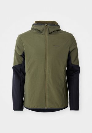 Olijfgroene hoodie met navyblauwe mouwen, ritssluiting aan de voorkant, fleece voering en subtiele branding op de borst. Soepele stof en getailleerde pasvorm.