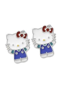 Orecchini in smalto tono argento a forma di Hello Kitty, che raffigurano un gatto bianco con un fiocco rosso, un vestito blu e accenti colorati.