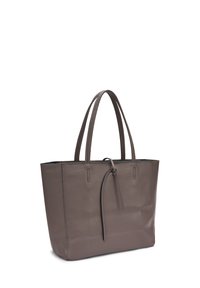 Borsa tote in pelle di un marrone tenue con finitura testurizzata, manici doppi e chiusura centrale con coulisse per apertura regolabile.