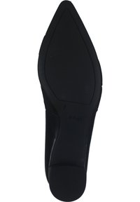 Scarpa nera con tacco alto e punta affusolata, superiore in pelle liscia e suola in gomma. Presenta un marchio discreto vicino al tallone.