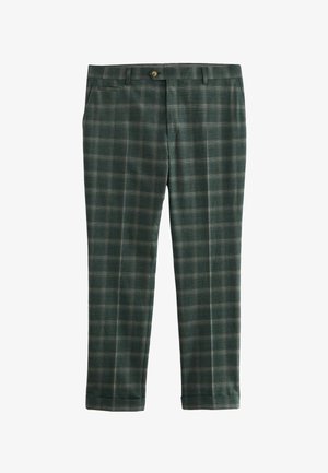 Green plaid trousers with a fine check pattern, made from soft fabric, featuring a button closure and tapered legs.
