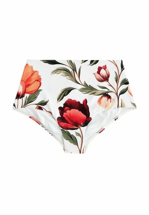 Hoch taillierter Bikini-Slip in Weiß mit floralem Design. Enthält große rote und pfirsichfarbene Blumen mit grünen Blättern. Glatte Stofftextur.