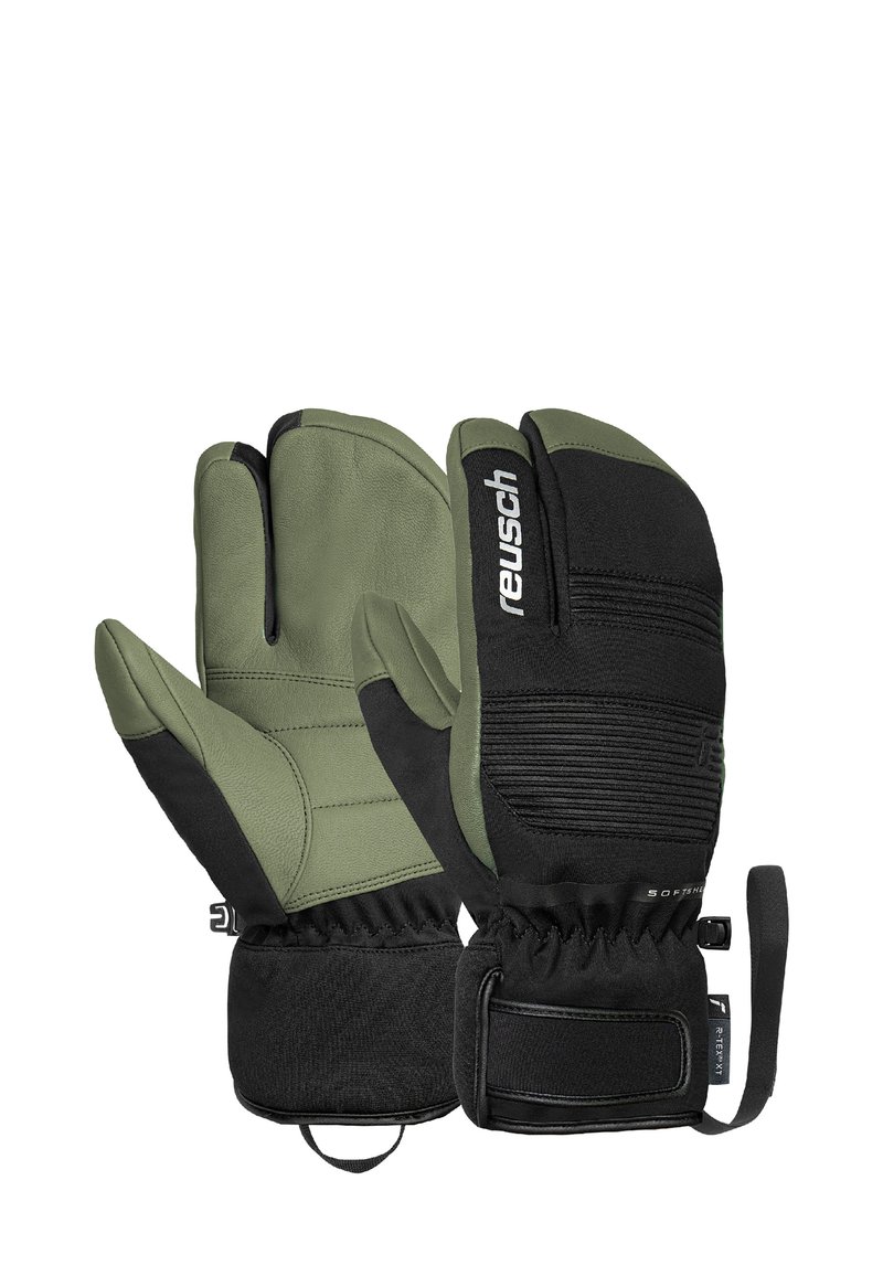 Olive green gloves with a black textured palm and fingers. Features a wrist cuff with adjustable closure and reinforced stitching.