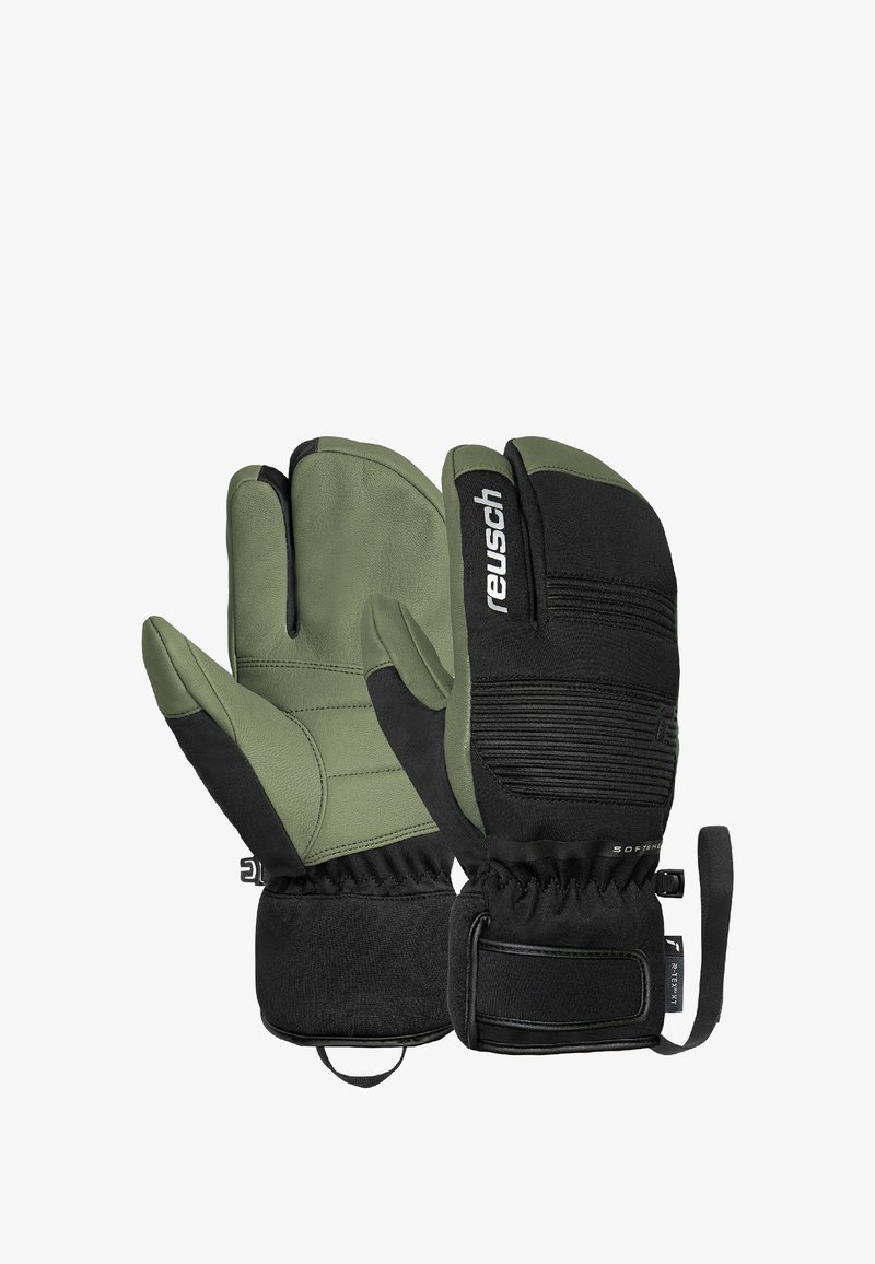 Olive green gloves with a black textured palm and fingers. Features a wrist cuff with adjustable closure and reinforced stitching.