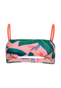 Top bikini rosa con motivo di foglie tropicali verdi e spalline arancioni. Caratterizzato da una chiusura a gold e tessuto morbido e elasticizzato.