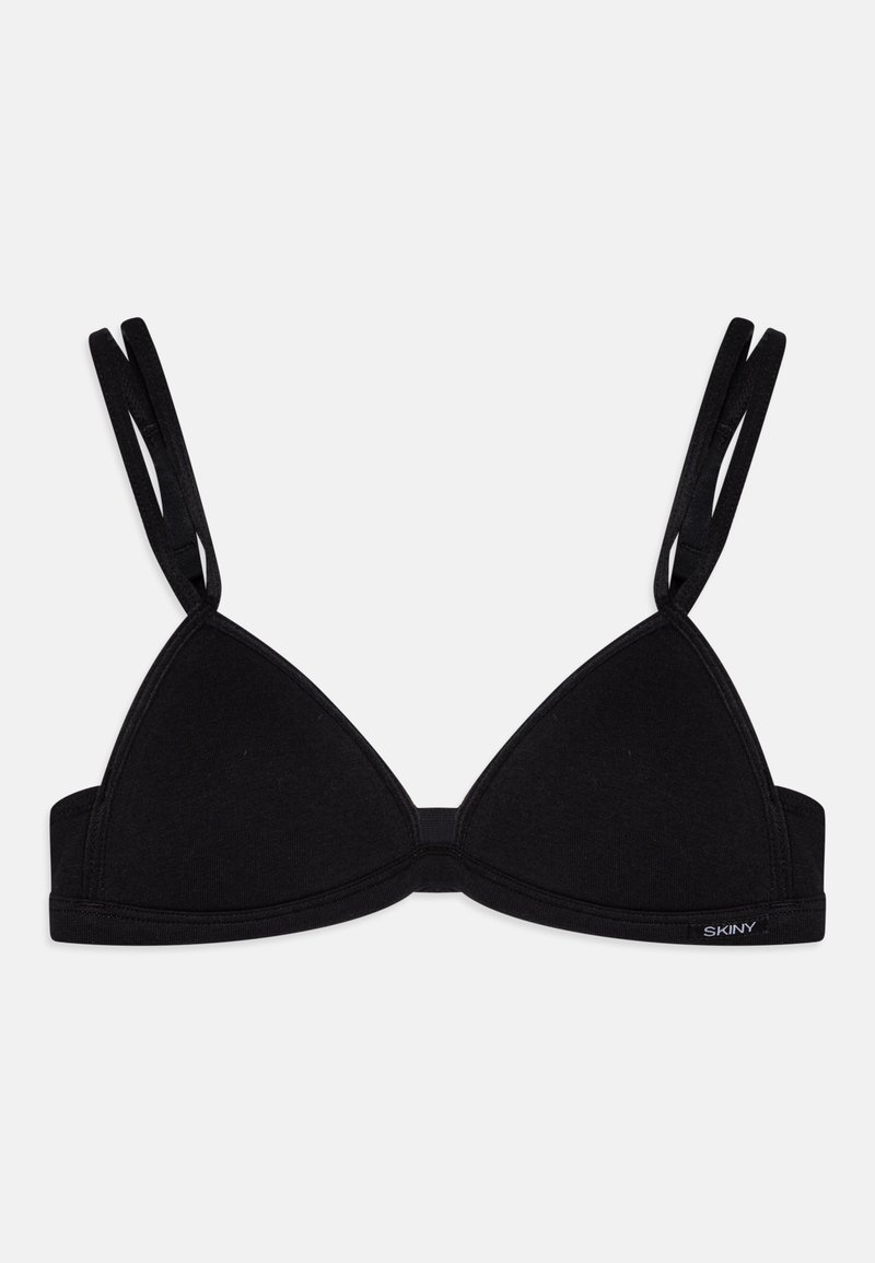 Bralette triangular em algodão preto com alças ajustáveis, design sem costura e uma faixa inferior flexível. Apresenta uma pequena marcação lateral.