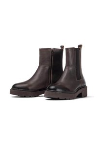 Stivali ankle in pelle marrone con zip laterale, pannelli elastici e tacco spesso. Presentano una superficie liscia e una punta arrotondata.