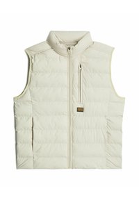 Gilet imbottito senza maniche di un beige chiaro con colletto alto, chiusura frontale con zip e motivo trapuntato orizzontale. Presenta un piccolo logo e una tasca con zip.