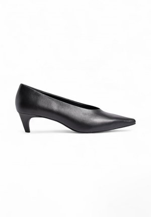 Ballerines noires en cuir à talon bas avec un design à bout pointu. Texture lisse et silhouette élégante, dotées d'un talon courbé pour la stabilité.