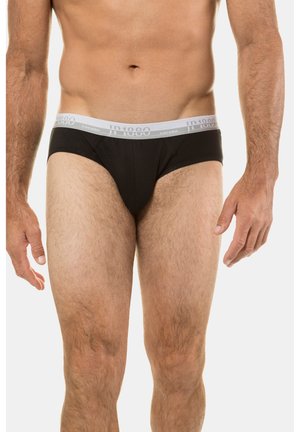 Schwarze Herrenunterhosen mit einem grauen elastischen Bund, auf dem der Markenname in Weiß prangt. Der Stoff wirkt glatt und eng anliegend.