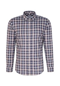 Chemise à boutons en motif écossais bleu marine et beige, avec col, manches longues et boutons blancs. Matière en coton, coupe régulière.