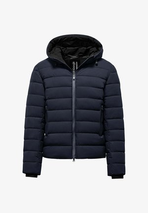 Marineblaue Daunenjacke mit Kapuze, Reißverschluss vorne und elastischen Bündchen. Verfügt über genähte Einsätze zur Isolierung und zwei Seitentaschen.