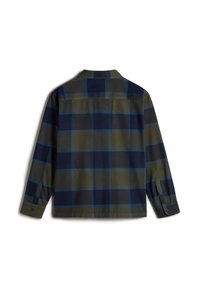 Camicia a maniche corte in tessuto a quadratini nei colori verde scuro, blu navy e azzurro. Presenta polsini con bottoni, colletto aperto e un classico motivo a scacchi.