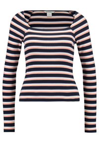 Langarmtop mit quadratischem Ausschnitt, horizontalen Streifen in Marineblau, Pfirsich und Weiß, aus geripptem Stoff und taillierter Silhouette.
