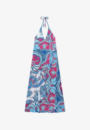 Robe longue dos nu avec motif floral paisley bleu, rose et blanc et fermeture à nouer au cou.