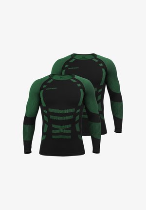 Langärmlige Sportoberteile in Schwarz und Dunkelgrün. Mit gerippter Textur, Netzmustern und enger Passform. Logo am Kragen.