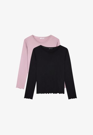 Due maglie a maniche lunghe: una rosa chiaro e una nera, entrambe con scollature tonde e orli sagomati, realizzate in tessuto morbido e elasticizzato.