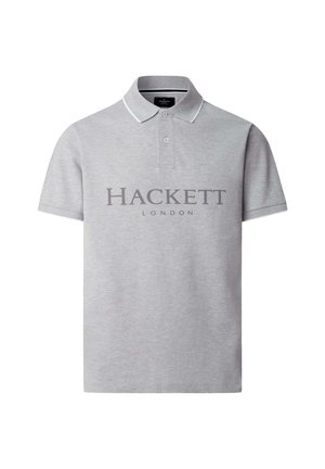Lichtgrijs poloshirt met korte mouwen, kraag, twee knopen en "HACKETT LONDON" gedrukt in het midden aan de voorkant.