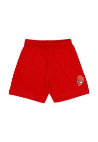 Czerwone szorty dziecięce z elastycznym paskiem w talii oraz małą grafiką twarzy Spider-Mana na dolnej prawej nodze.