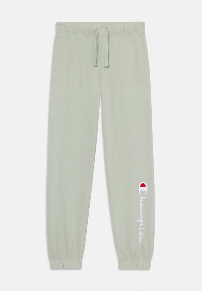 Lichtgroene joggers van zachte katoen, met een elastische tailleband met trekkoord, taps toelopende boorden en een wit "Champion" logo aan de zijkant.
