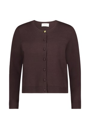 Brązowy sweter z dzianiny z okrągłym dekoltem, z zapięciem na guziki z przodu oraz ściągaczami przy mankietach i na dolnym brzegu. Miękka faktura.