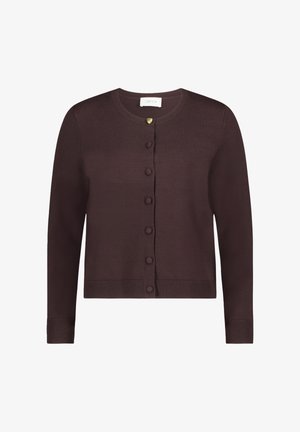 Bruine gebreide cardigan met een ronde halslijn, voorzien van een knoopsluiting aan de voorkant en geribde manchetten en onderrand. Zachte textuur.