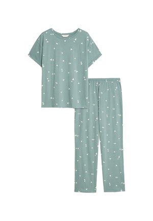 Pigiama corto a maniche corte color verde menta con motivo a cuori bianchi; vita elastica nei pantaloni; tessuto morbido e leggero.