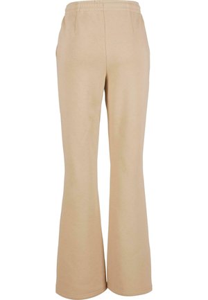Beige ausgestellte Sweatpants mit weichem Material, elastischem Bund und zwei Hosentaschen hinten, die ein lässiges, harmonisches Design zeigen.