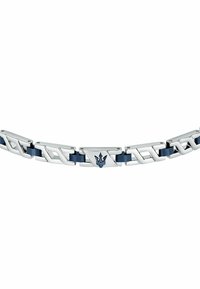 Stainless steel bracelet with polished and matte links. Features blue accents and a central emblem, geometric design with diamond shapes.