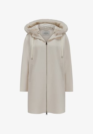 Cremefarbener Mantel mit einem mit Fell gefütterten Kapuzen, Frontreißverschluss und Seitentaschen. Hat eine glatte Textur und eine lässige Passform.
