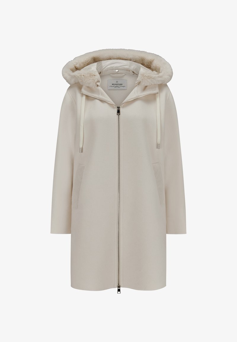 Cremefarbener Mantel mit einem mit Fell gefütterten Kapuzen, Frontreißverschluss und Seitentaschen. Hat eine glatte Textur und eine lässige Passform.