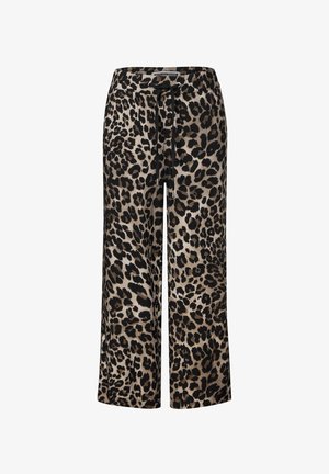 Pantaloni a gamba larga con stampa leopardata e cintura con cordoncino. Il tessuto presenta una texture morbida in tonalità beige e nere. Nessuna tasca visibile.