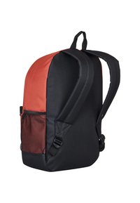 Black and red backpack with a smooth finish, padded shoulder straps, a side mesh pocket, and a top carry handle. Simple, functional design.