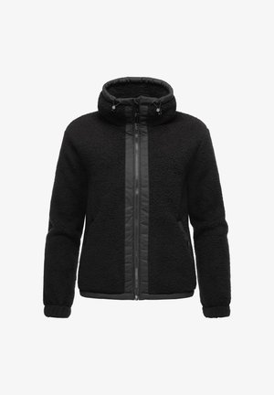 Jachetă neagră din fleece cu guler înalt, închidere cu fermoar și o pană de material neted contrastant pe față. Prezintă buzunare laterale și material texturat.