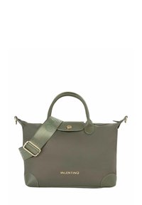 Sac à main en nylon vert à forme structurée, avec ferrures dorées et bandoulière amovible portant le mot "ON". Logo signature sur le devant.