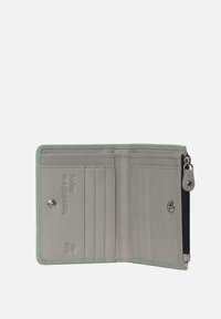 Portafoglio grigio con rifiniture verde chiaro, dotato di un comparto con zip, slot per carte e testo in rilievo. Materiale liscio con finitura opaca.