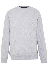 Sweat-shirt matelassé gris avec un col rond, des manches longues, des poignets côtelés et une surface en tissu texturé. Présente un accent bleu marine au niveau du col.