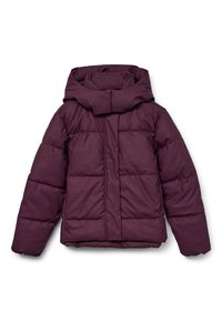 Bordowa pikowana kurtka puchowa z dużym kapturem, z przeszyciami i elastycznymi mankietami. Z przodu znajduje się zamek błyskawiczny na całej długości i boczne wstawki.