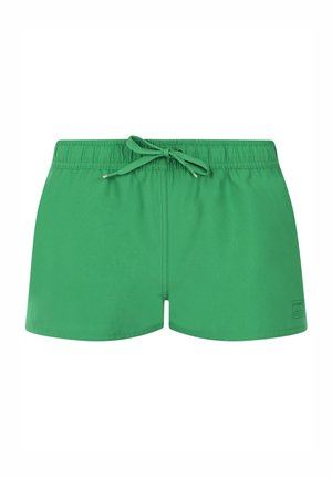 Groene zwembroek gemaakt van zacht materiaal, met een elastische tailleband, trekkoord en een logo op de lagere rechter voorkant.