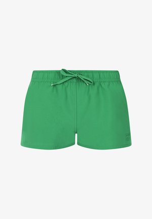 Groene zwembroek gemaakt van zacht materiaal, met een elastische tailleband, trekkoord en een logo op de lagere rechter voorkant.