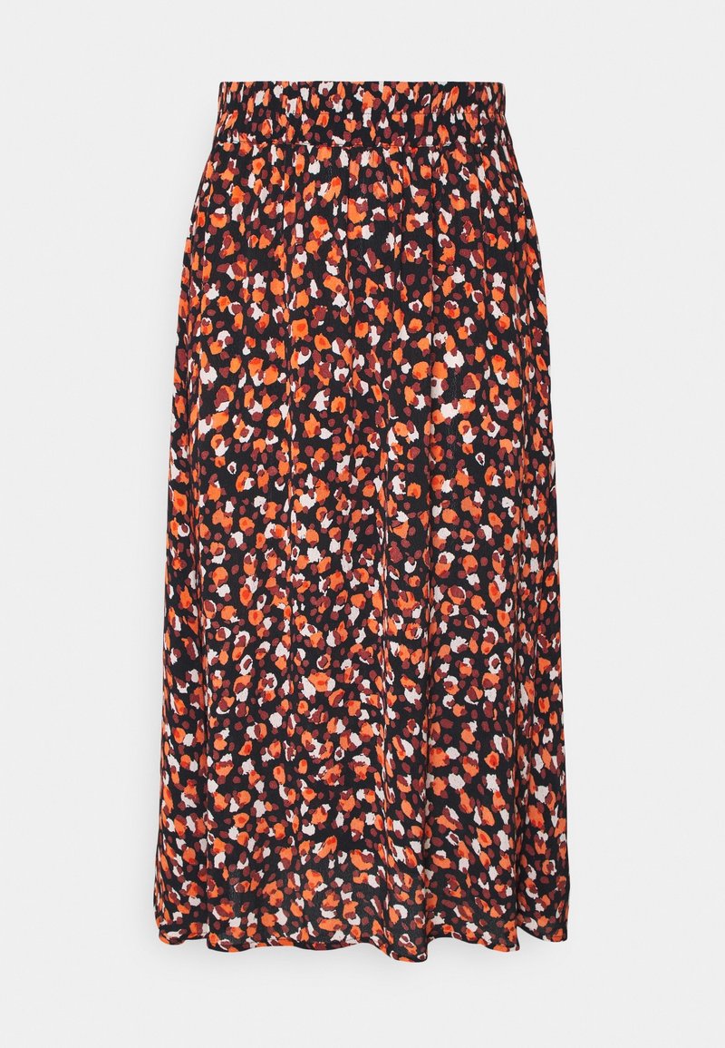 Jupe midi noire avec un motif floral abstrait orange, rouge et blanc, dotée d'une taille élastique, présentée sur un fond blanc.