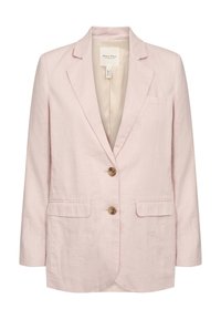 Blazer en lin rose clair au design ajusté, à simple boutonnage avec deux boutons et deux poches avant. Détails remarquables : un col châle.