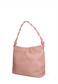 Borsa a spalla in pelle rosa con finitura texturizzata, dotata di manico intrecciato e dettaglio logo sul davanti. Design morbido e casual.