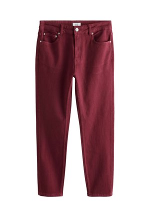 Burgunderfarbene Skinny-Jeans aus Baumwollmischung. Verfügt über fünf Taschen, metallene Details und eine glatte, strukturierte Oberfläche.