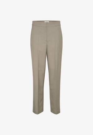 Gai krēmkrāsas pielāgotas bikses, izgatavotas no strukturēta auduma. Tām ir gluda josta un taisnu kāju dizains ar smalku svītru rakstu.