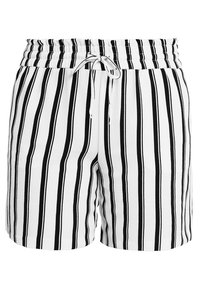 Pantalones cortos a rayas negras y blancas con cintura elástica y cordón, que presentan líneas verticales y una textura de tela suave.