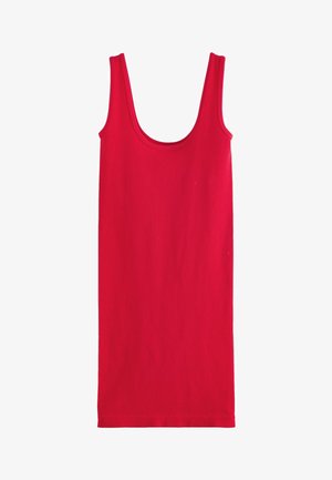 Piros, ujjatlan tankruha kerek nyakkivágással, bordás anyagból készült, slim fit szabással és egyenes szegéllyel.