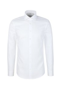 Witte lange mouwen overhemd met knoopsluiting en puntige kraag, weergegeven op een witte achtergrond.